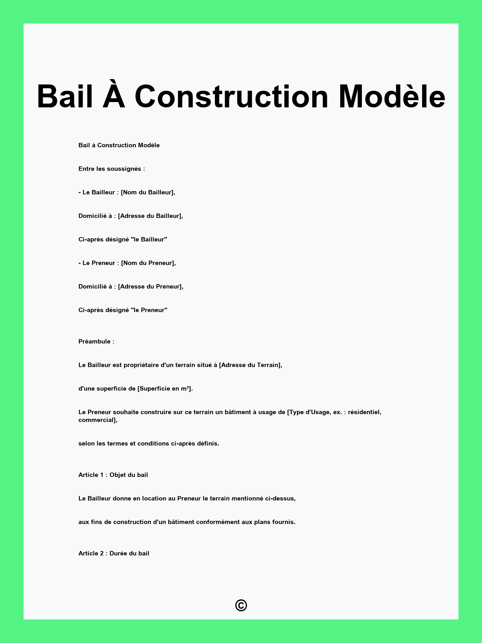 Bail À Construction Modèle