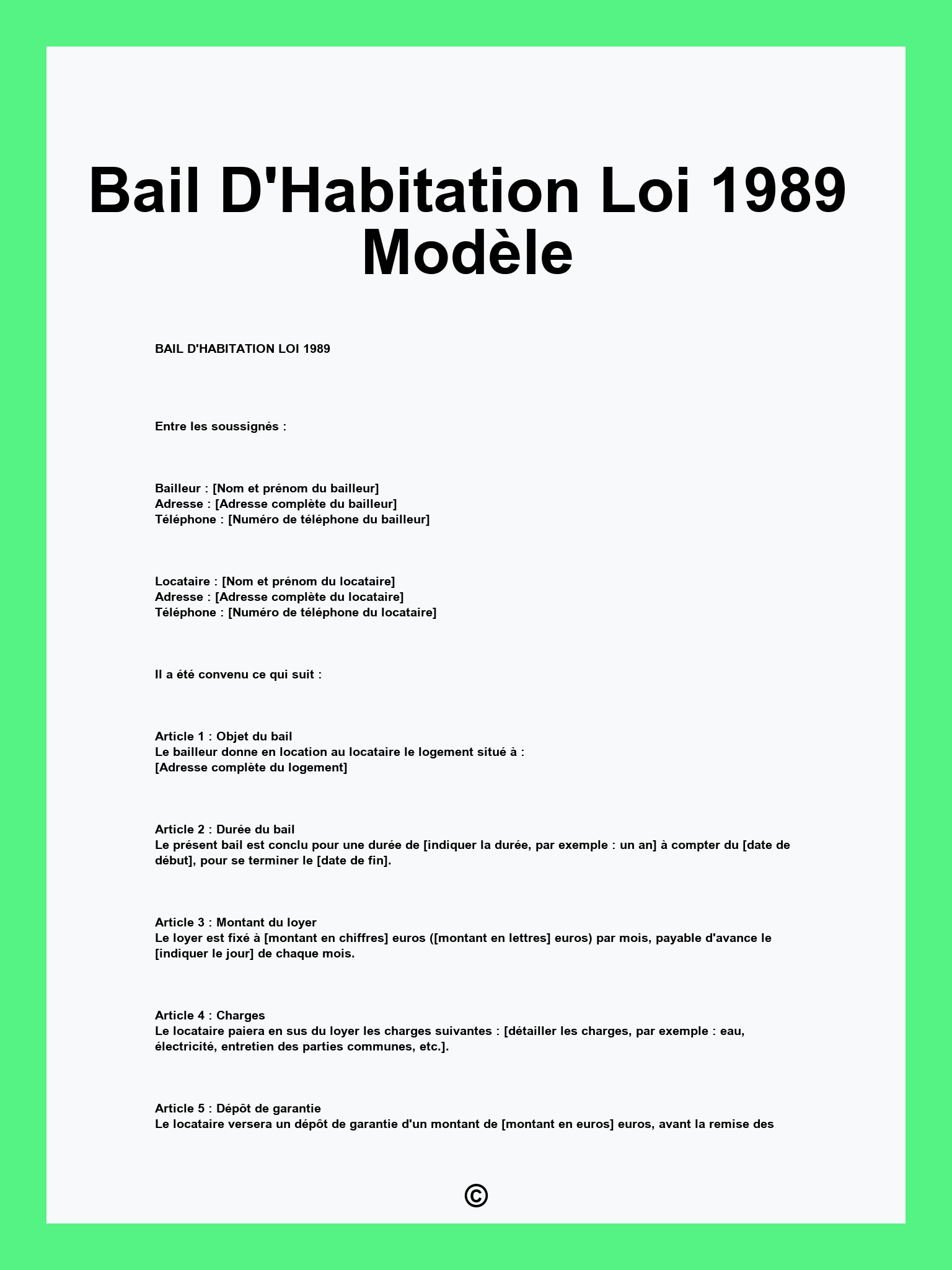 Bail D'Habitation Loi 1989 Modèle