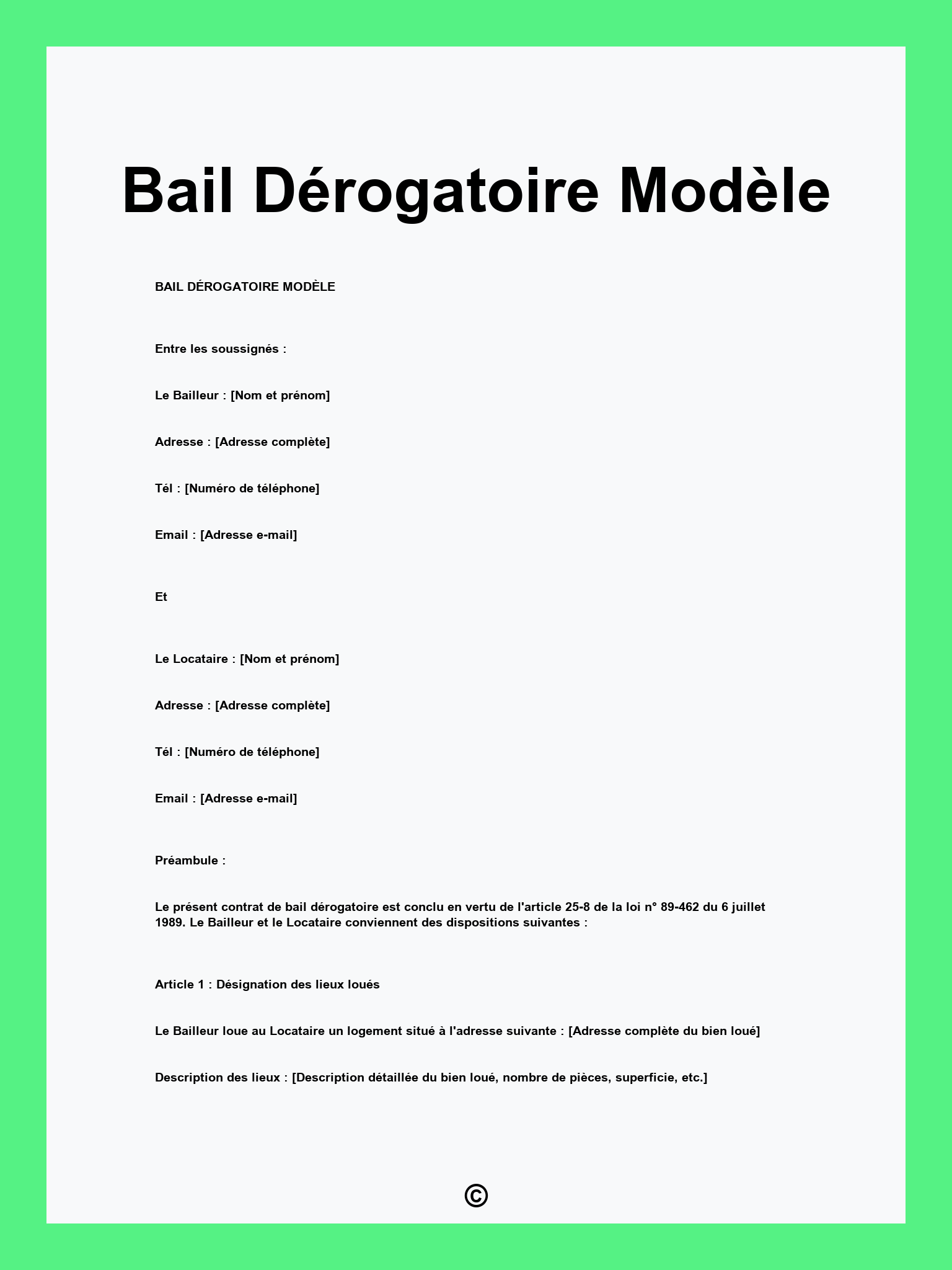 Bail Dérogatoire Modèle