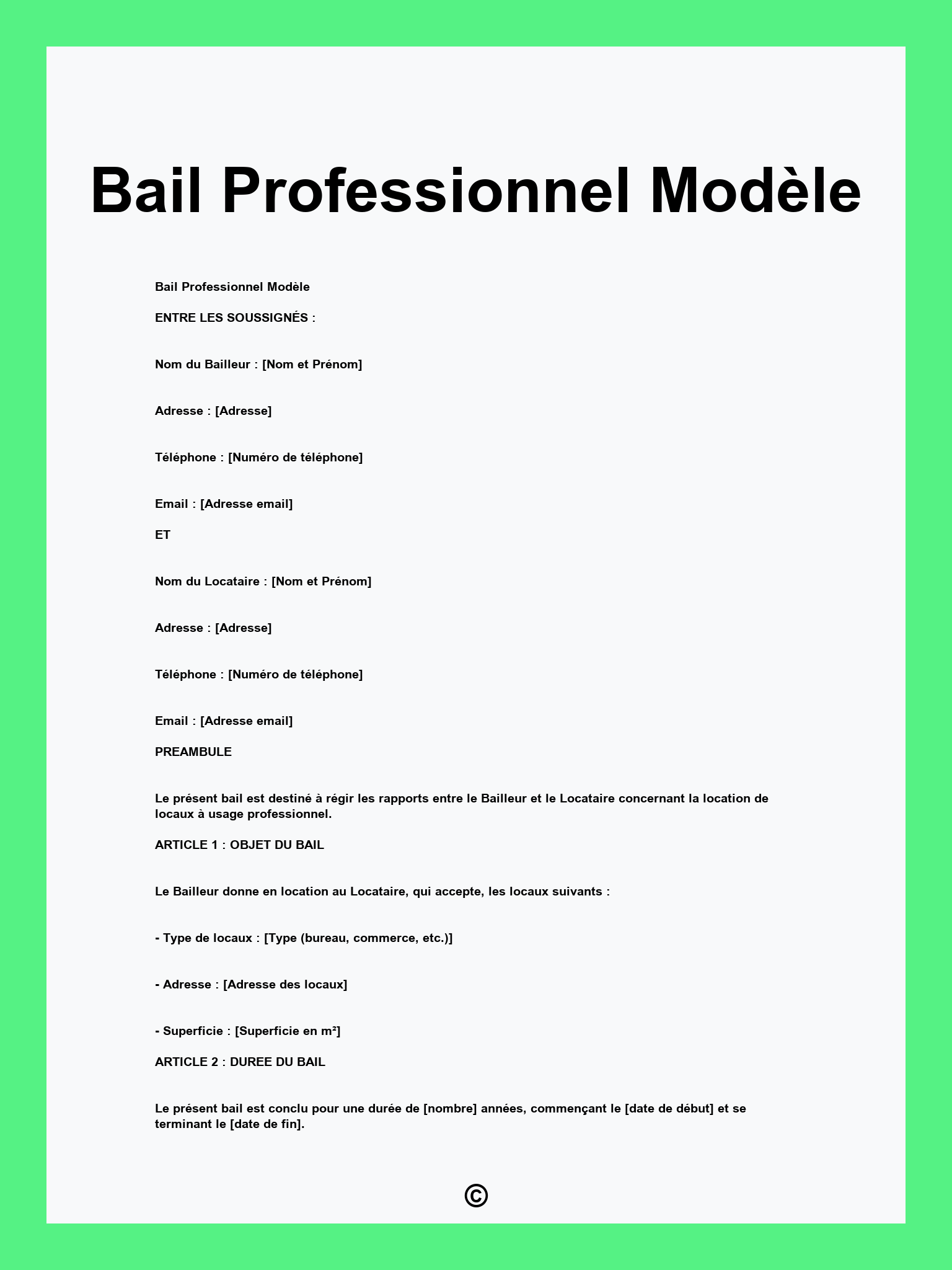 Bail Professionnel Modèle