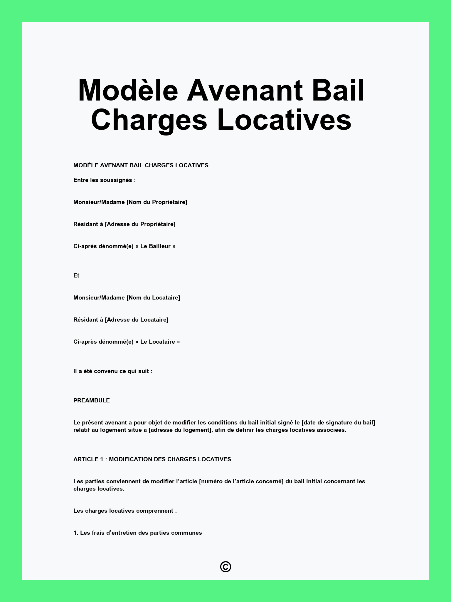 Modèle Avenant Bail Charges Locatives