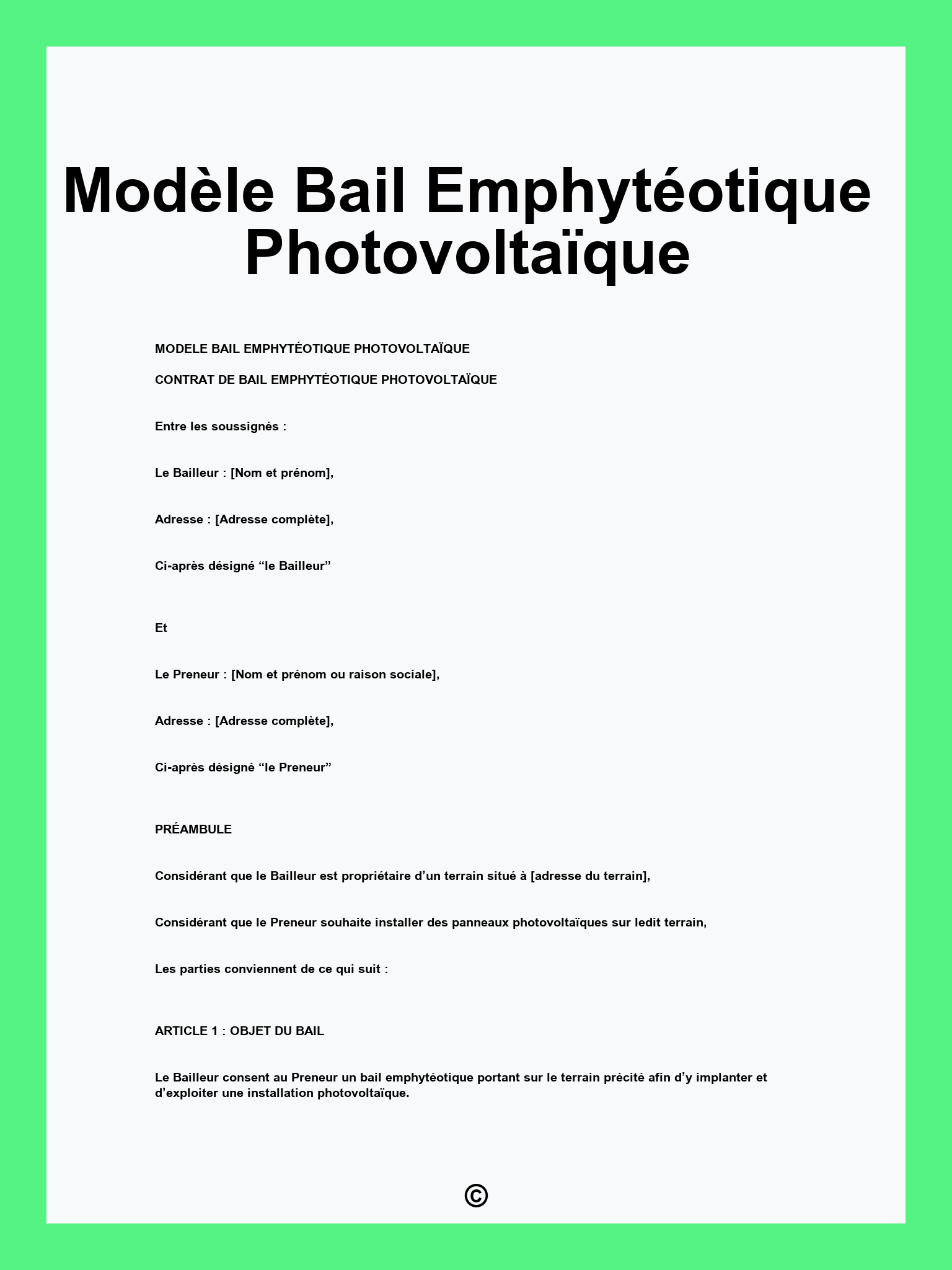 Modèle Bail Emphytéotique Photovoltaïque