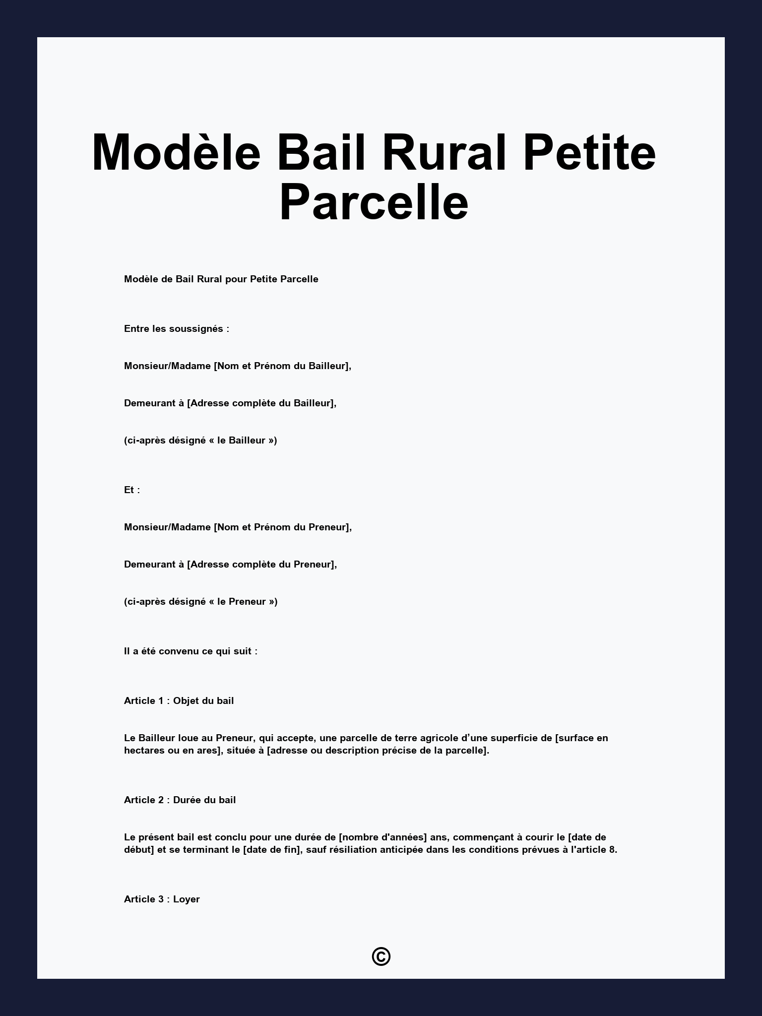 Modèle Bail Rural Petite Parcelle
